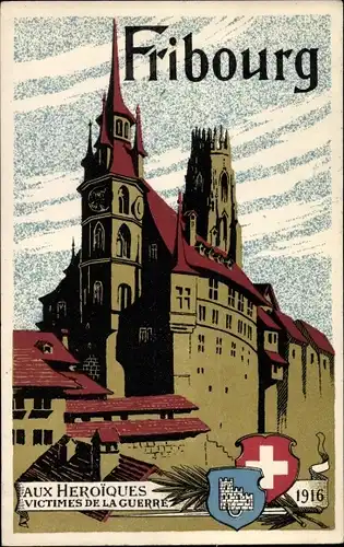 Künstler Wappen Ak Fribourg Freiburg Stadt Schweiz, Aux Heroiques Victimes de la Guerre