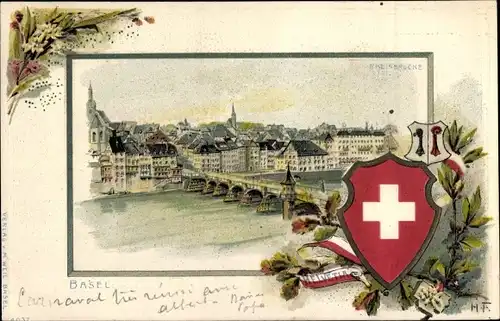 Präge Wappen Passepartout Litho Basel Bâle Stadt Schweiz, Rheinbrücke