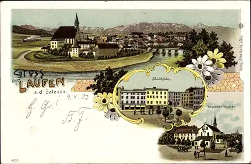 Litho Laufen Salzach im Berchtesgadener Land, Totalansicht vom Ort, Marktplatz, Kapuzinerkloster