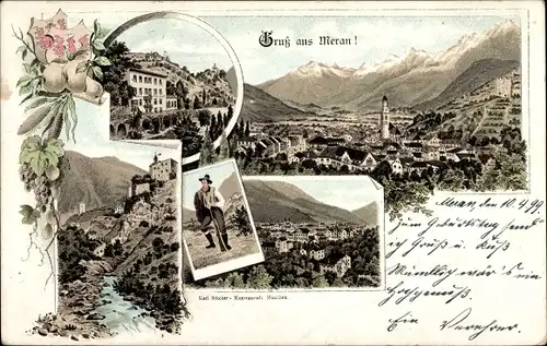 Litho Meran Merano Südtirol, Totalansicht der Ortschaft