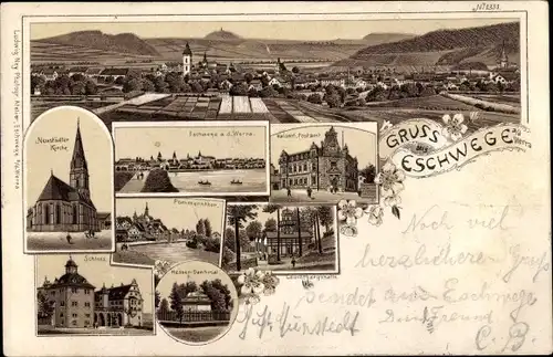 Litho Eschwege an der Werra Hessen, Kirche, Hessen Denkmal, Postamt, Blick auf den Ort