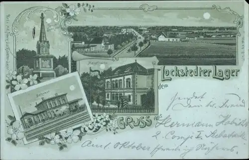 Mondschein Litho Lockstedt in Holstein, Lockstedter Lager, Kriegerdenkmal, Bahnhof, Gleisseite