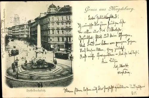 Ak Magdeburg an der Elbe, Hasselbachplatz, Denkmal, Straßenbahnen