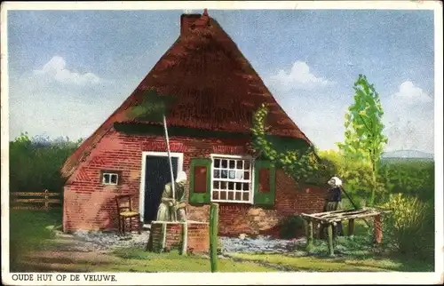 Ak Hoge Veluwe Gelderland Niederlande, Oude Hut, Frauen in Trachten