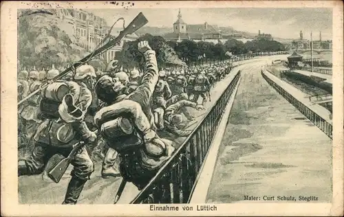 Künstler Ak Liège Lüttich Wallonien, Die Einnahme von Lüttich, Soldaten marschieren ein