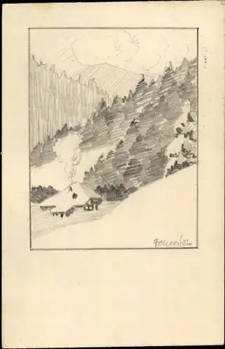 Handgemalt Ak Feuerstein, Landschaft mit Wald und Haus
