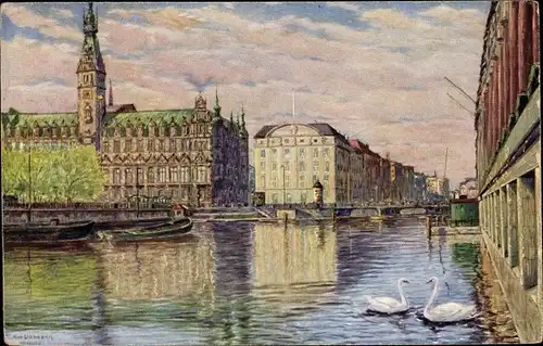 Künstler Ak Ullmann, Max, Hamburg, Rathaus mit Reichsbank und kleiner Alster, Schwäne