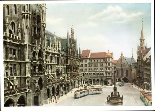 Ak München, Marienplatz, Straßenbahn, Denkmal, Passanten