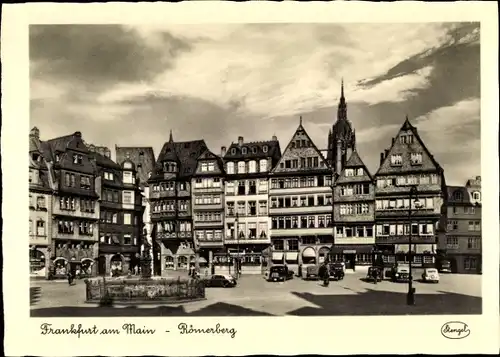Ak Frankfurt am Main, Römerberg, Brunnen, Geschäfte, Kirchturm