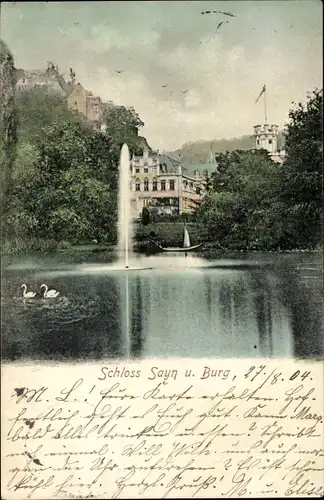 Ak Sayn Bendorf am Rhein, Schloss und Burg, Teich, Fontäne
