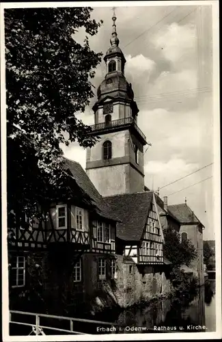 Ak Erbach im Odenwald Hessen, Rathaus und Kirche
