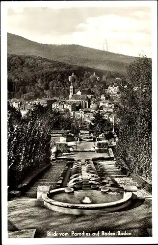 Ak Baden Baden am Schwarzwald, Blick vom Paradies auf den Ort, Panorama, Kirchturm