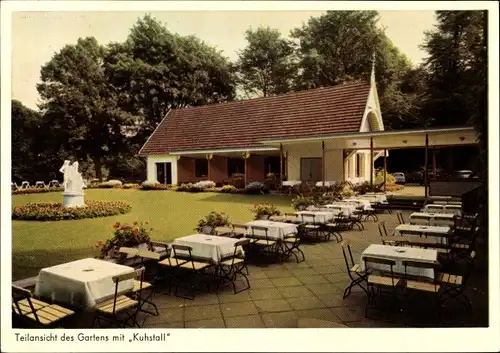 Ak Hansestadt Bremen, Gasthaus Bürgerpark, Teilansicht des Gartens mit Kuhstall, Statue