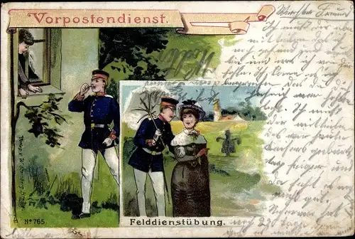 Litho Vorpostendienst, Felddienstübung, Soldat am Fenster einer Frau, Spaziergang