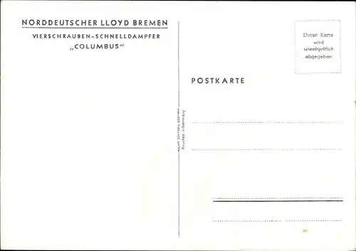 Ak Dampfschiff Columbus, Norddeutscher Lloyd Bremen, Ansicht Backbord