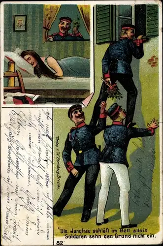 Litho Die Jungfrau schläft im Bett allein, Soldaten seh'n den Grund nicht ein