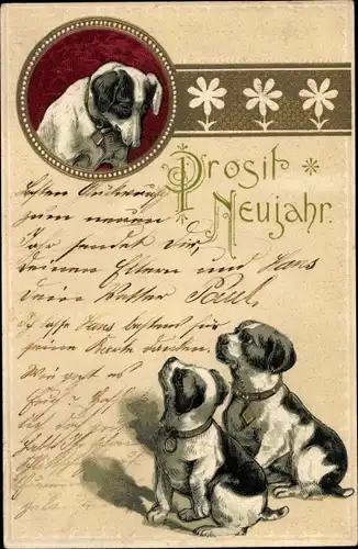 Präge Litho Glückwunsch Neujahr, Hund schaut auf zwei Welpen herab