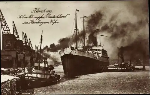 Ak Hamburg, Schnelldampfer Deutschland im Hafen, HAPAG, Schlepper