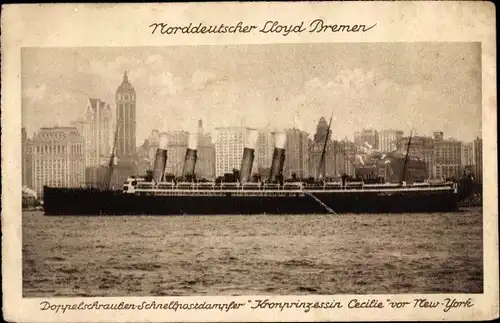 Ak Doppelschrauben Schnellpostdampfer Kronprinzessin Cecilie, NDL, vor New York