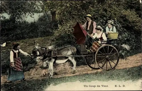Ak Un coup de vent, Franzosen in einem Eselkarren