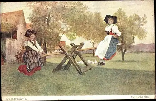 Künstler Ak Spindler, C., L'Escarpolette, Trachten aus Elsaß Lothringen, Schaukel