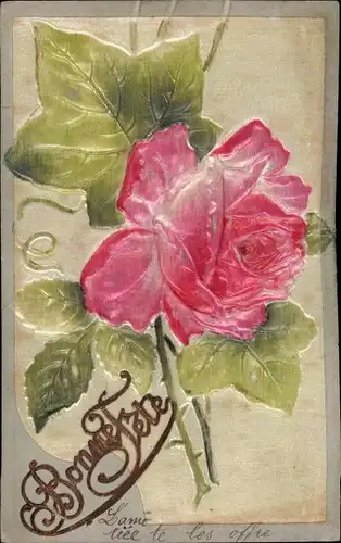 Präge Litho Bonne Fete, Einzelne Rosenblüte