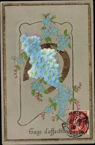 Präge Litho Gage d'affection, Vergissmeinnichtblüten, Hufeisen