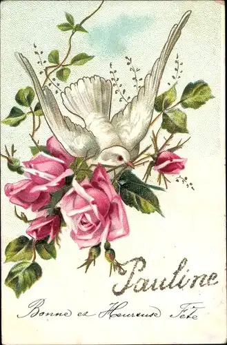 Glitzer Ak Rosenblüten, Taube, Vorname Pauline