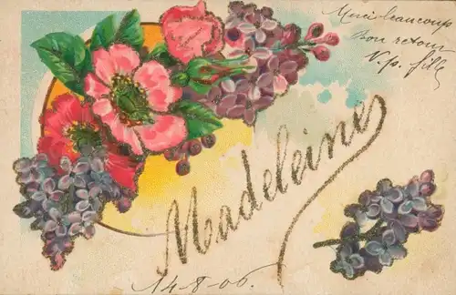 Glitzer Ak Vorname Madeleine, Veilchenblüten, Anemonen