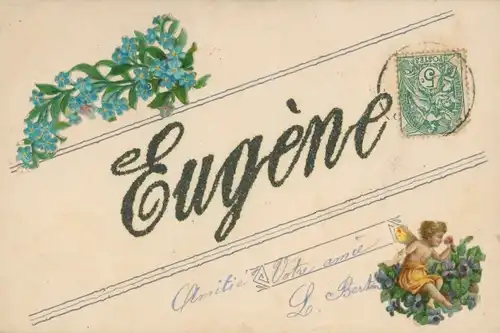 Glitzer Buchstaben Ak Männlicher Vorname Eugene, Vergissmeinnichtblüten