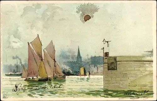 Litho Segelboote, Wasserpartie, Sonnenschein, Im Hintergrund Stadt und Dampfer