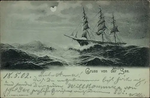 Mondschein Ak Gruß von der See, Segelschiff