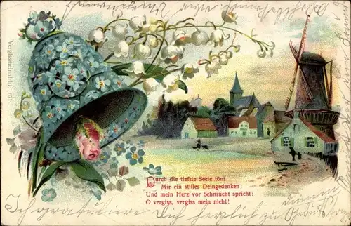 Litho Glocke aus Vergissmeinnichtblüten, Dorf, Windmühle