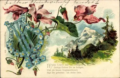 Litho Meine Leyer lass ich erklingen..., Vergissmeinnicht, Blumen, Berggipfel