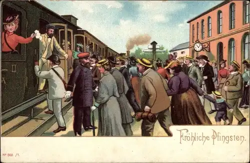Litho Glückwunsch Pfingsten, Reisende am Bahnhof, Eisenbahn, Bahnsteig