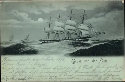 Mondschein Ak Gruß von der See, Segelschiff