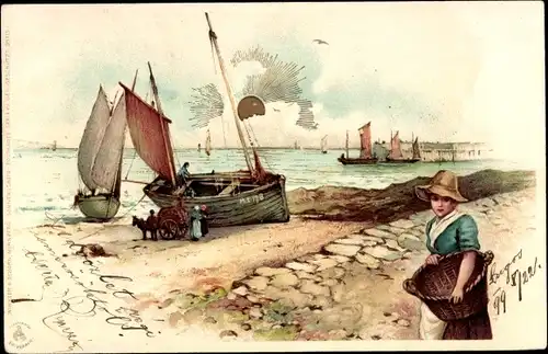 Litho Landschaftsbild mit Fischerbooten an der Küste, Frau und Sonne