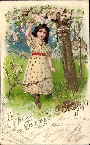 Litho Glückwunsch Ostern, Mädchen, Ostereier, Blühender Baum