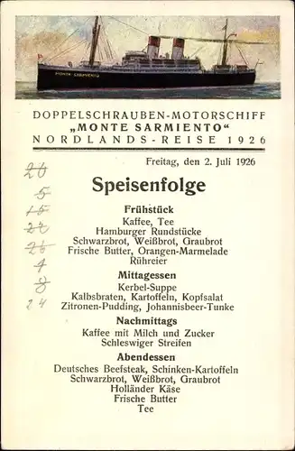 Ak Dampfer Monte Sarmiento, Nordland Reise 1926, Speisenfolge, HSDG