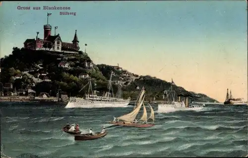 Ak Hamburg Altona Blankenese, Blick vom Wasser auf den Süllberg, Salondampfer