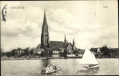 Ak Schleswig an der Schlei, Wasserpartie mit Blick zum Dom, Segelboot