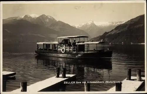Ak Zell am See in Salzburg, Zeller See mit Kitzsteinhorn, Motorboot