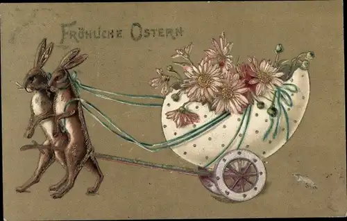 Präge Litho Glückwunsch Ostern, Zwei Hasen ziehen eine Eierkutsche
