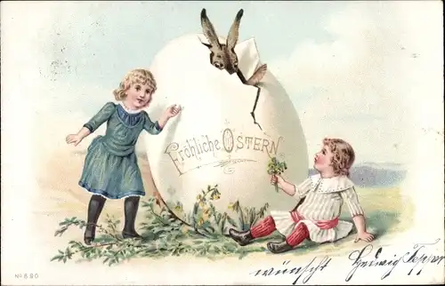 Litho Glückwunsch Ostern, Hase schlüpft aus einem Ei, Mädchen