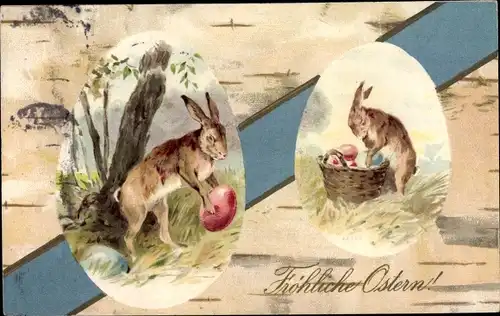 Ak Glückwunsch Ostern, Osterhasen verstecken Ostereier