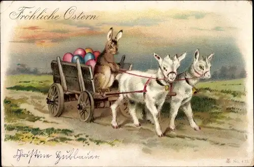 Ak Glückwunsch Ostern, Osterhase und Eier auf einem Ziegenkarren