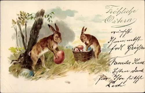 Ak Glückwunsch Ostern, Osterhasen verstecken Ostereier