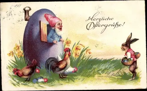 Ak Glückwunsch Ostern, Zwerg schaut aus seinem Eierhaus, Osterhase, Hühner