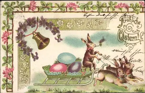 Präge Litho Glückwunsch Ostern, Hasen ziehen Schlitten mit Ostereiern, Glocke, Kleeblätter