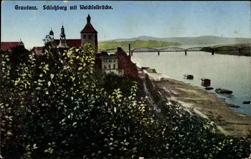 Ak Grudziądz Graudenz Westpreußen, Weichselbrücke, Schlossberg